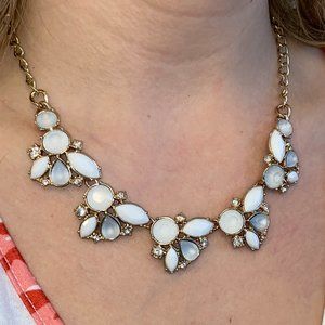 Costume Jewelry Necklace Gold Tone White and Clear Stones Prom Jewelry